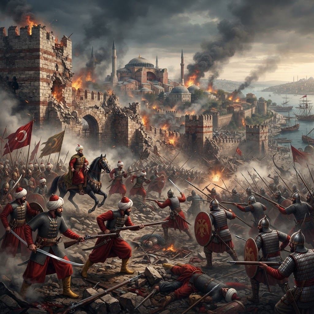 Illustration représentant Prise de Constantinople par les Ottomans.