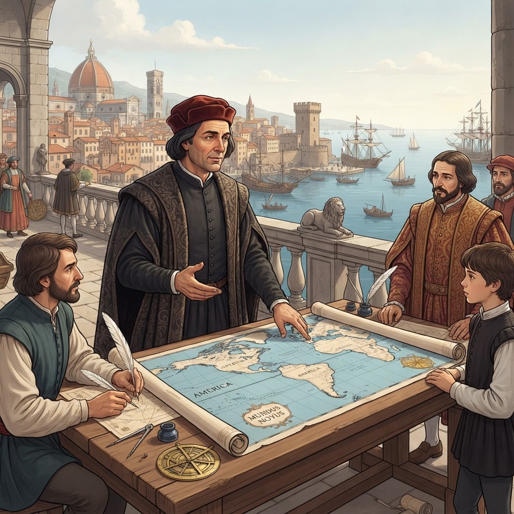Illustration représentant Voyages d'Amerigo Vespucci en Amérique.