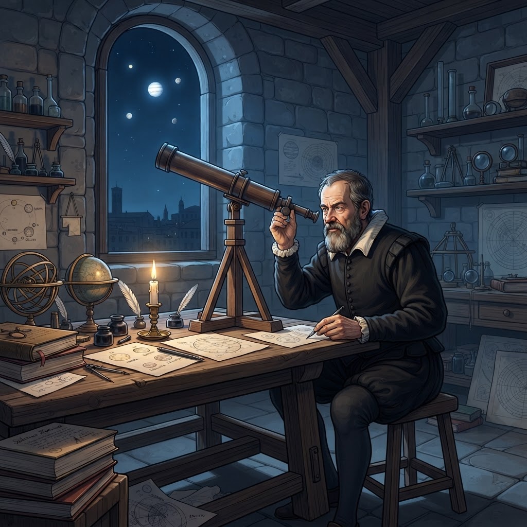 Illustration représentant Galilée observe les satellites de Jupiter.
