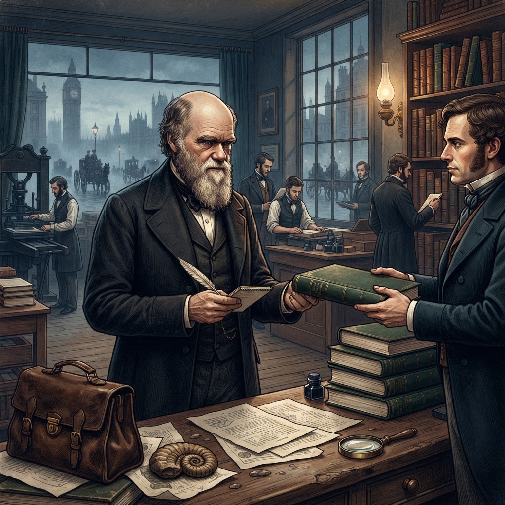 Illustration représentant Darwin publie L'Origine des espèces.