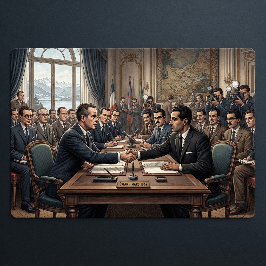 Illustration représentant Accords d'Évian mettant fin à la guerre d'Algérie.