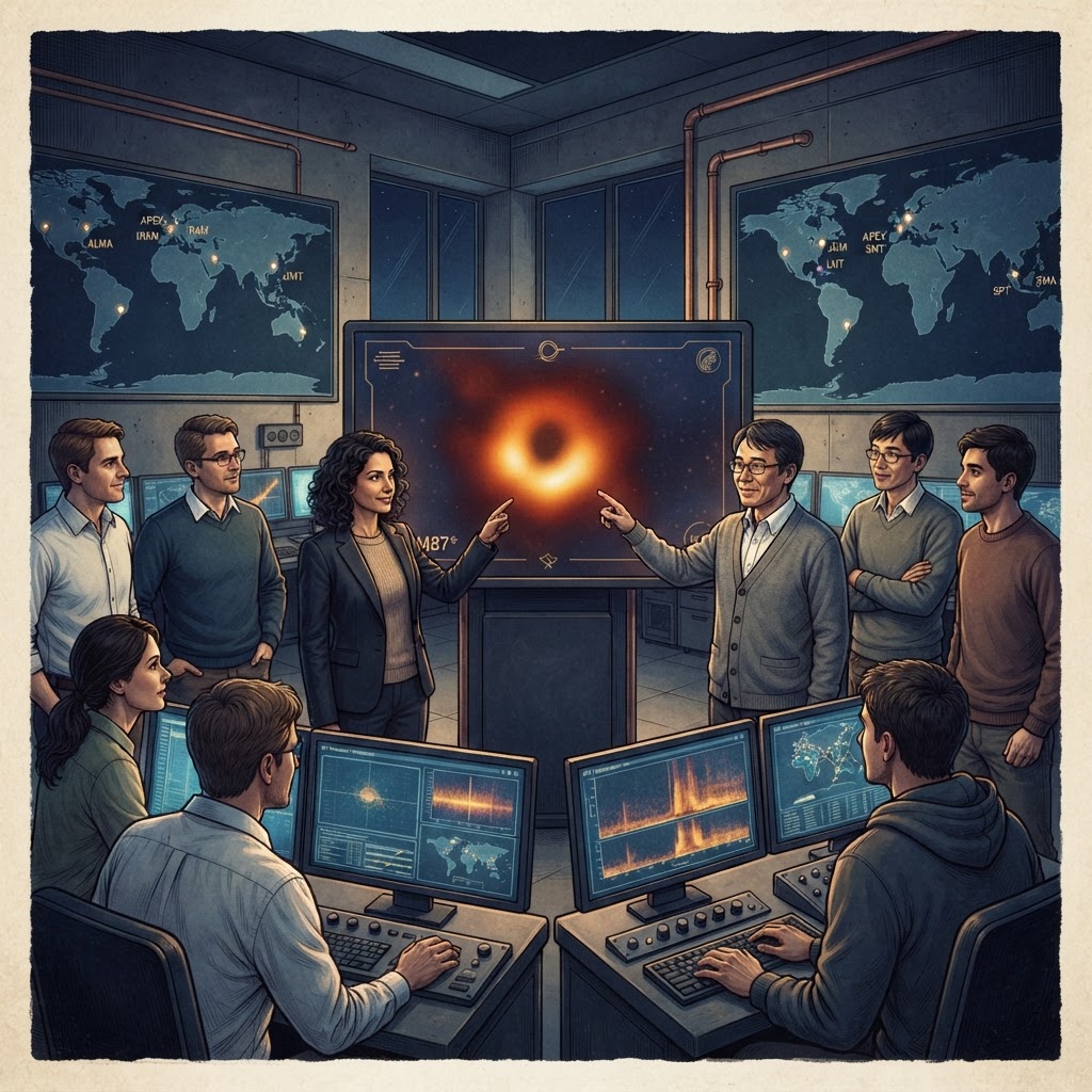 Illustration représentant Première image d'un trou noir (M87*).