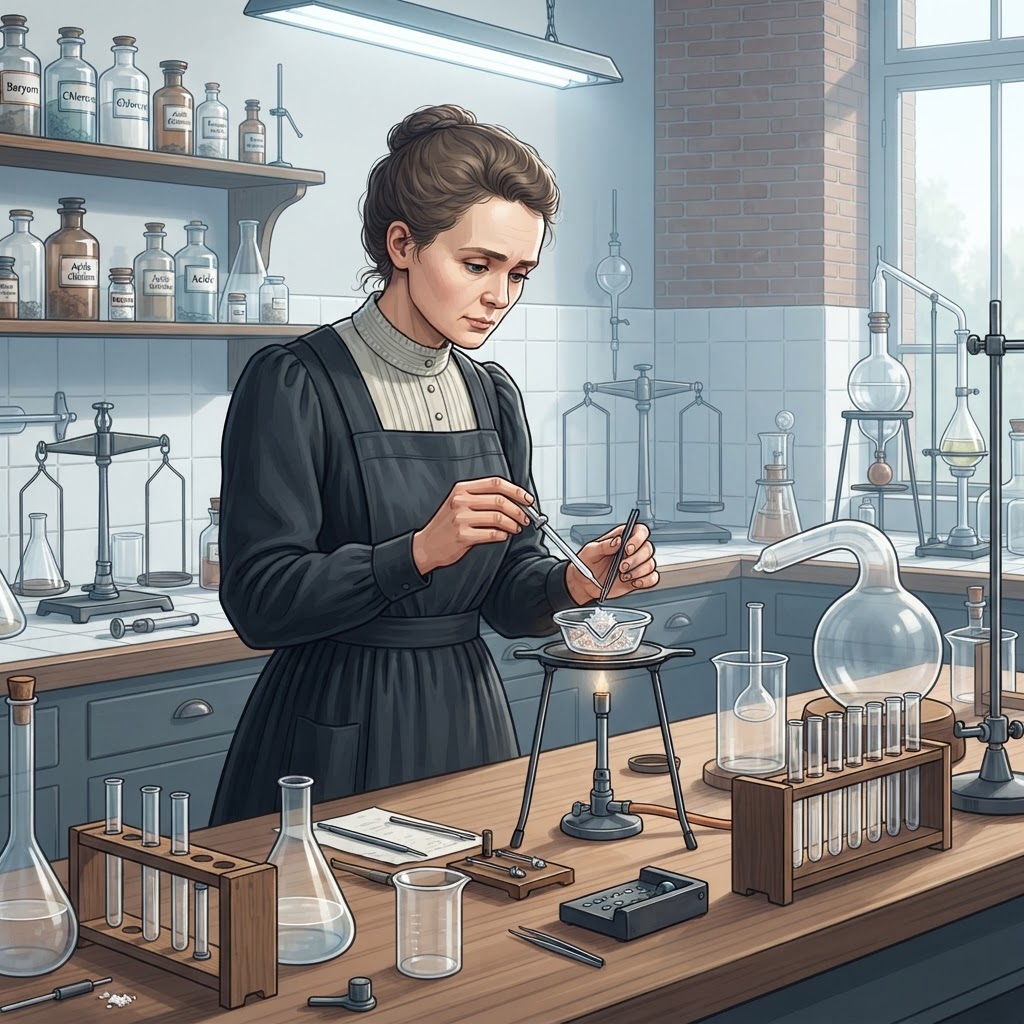 Illustration représentant Marie Curie isole le radium.
