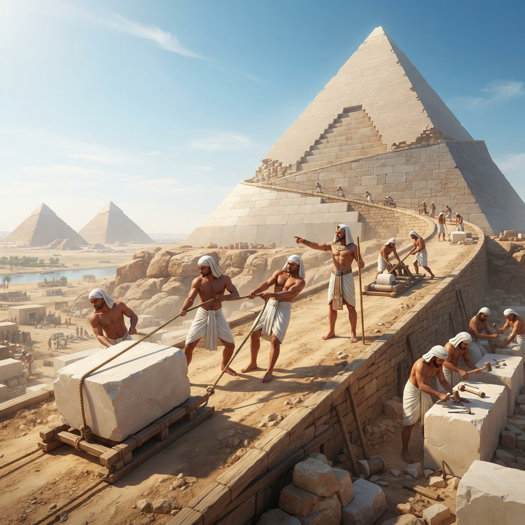 Illustration représentant Construction des pyramides de Gizeh.