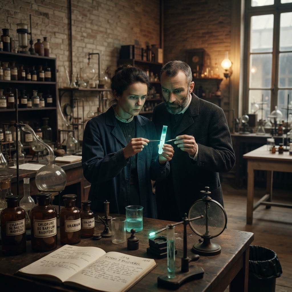 Illustration représentant Marie Curie, Découverte du polonium et du radium.