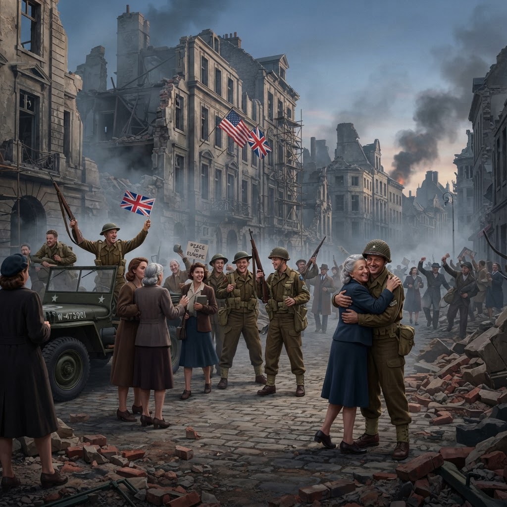 Illustration représentant Fin de la Seconde Guerre mondiale en Europe.