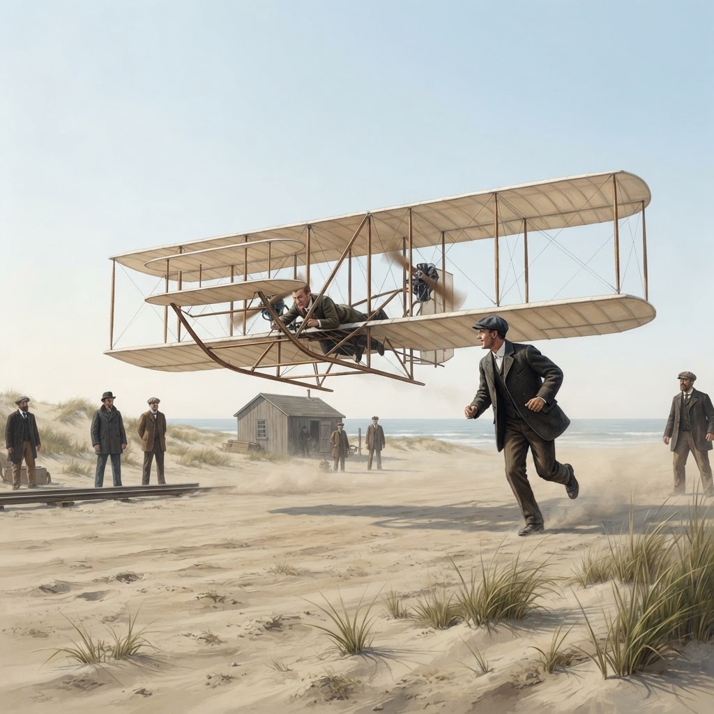 Illustration représentant Frères Wright, Premier vol motorisé des frères Wright.