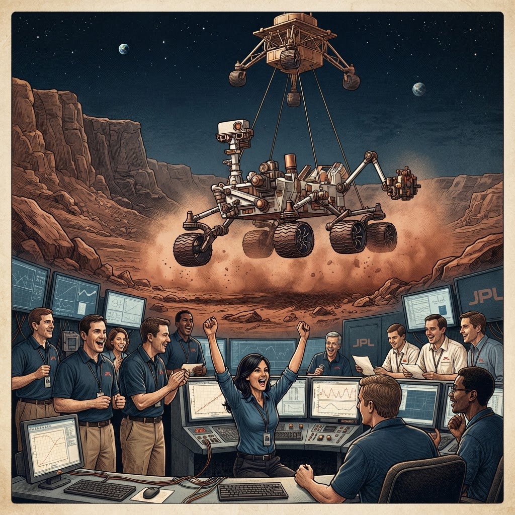 Illustration représentant Atterrissage du rover Curiosity sur Mars.