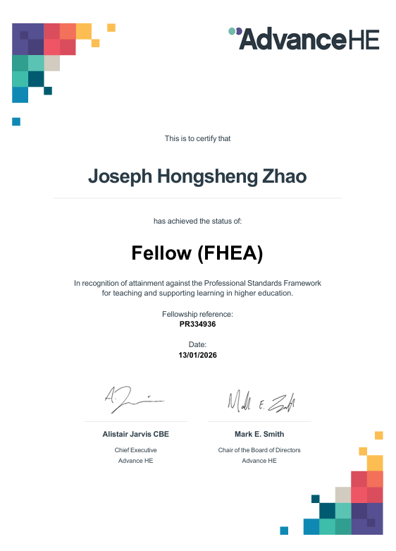Fellow of the Higher Education Academy (FHEA) certificate awarded to Joseph Hongsheng Zhao by AdvanceHE