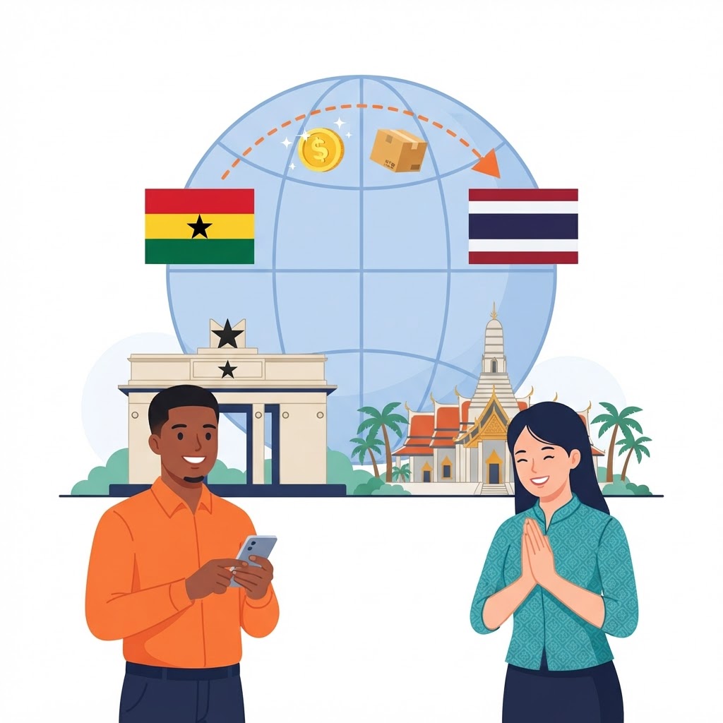 Ghana and Thailand connected by money transfer, shipping and personal support