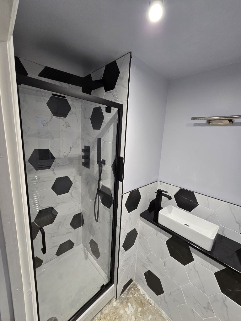 Monochrome Hexagon Bathroom — Shower