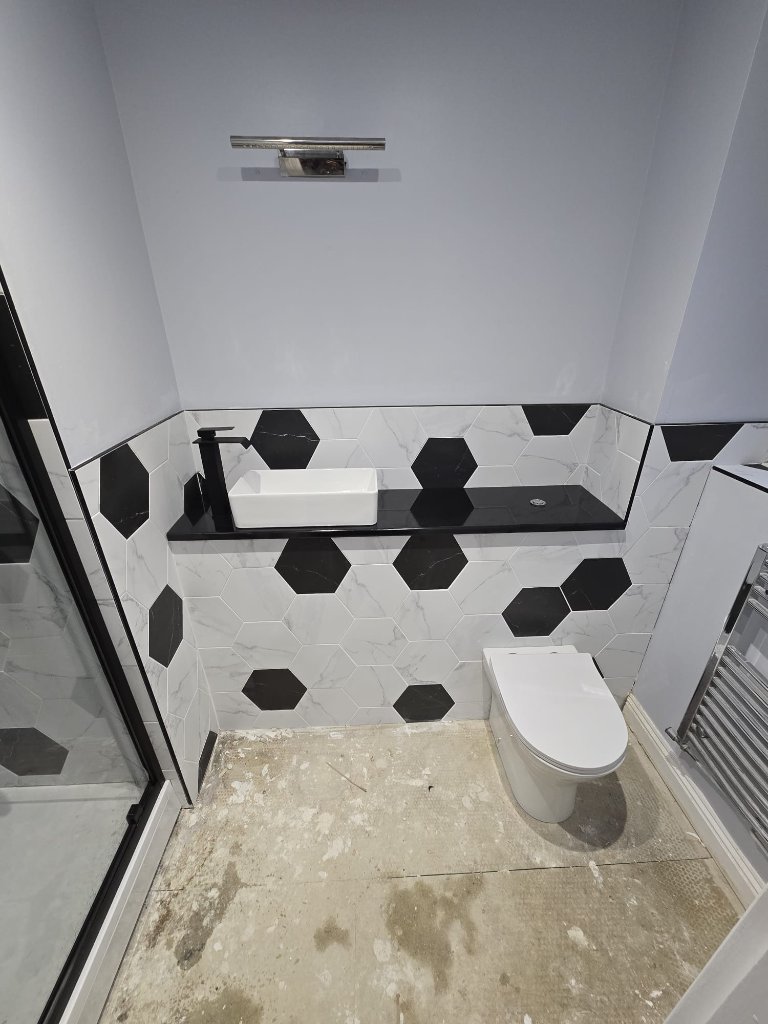 Monochrome Hexagon Bathroom — Sink & WC