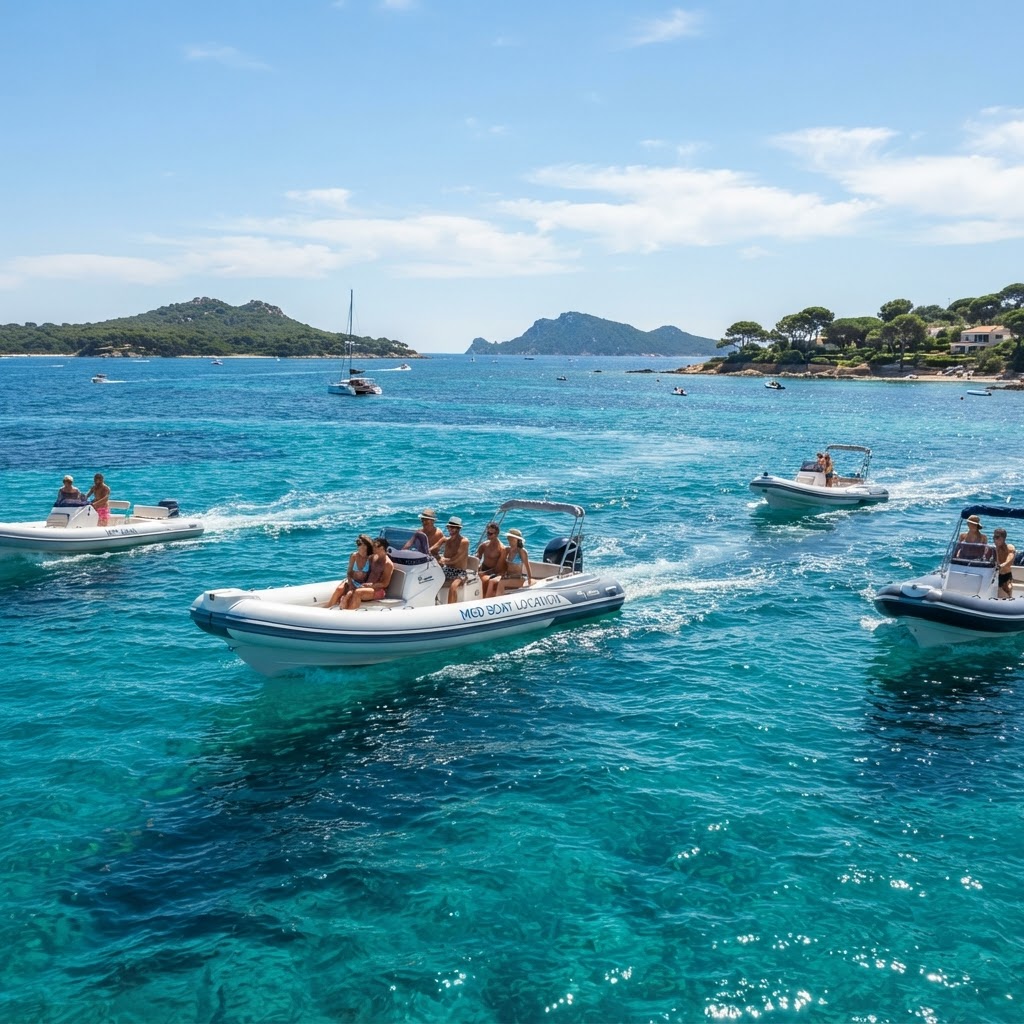 Bateau semi-rigide naviguant au large de Hyères vers les îles d'Or par une mer calme en fin d'été sous un ciel bleu