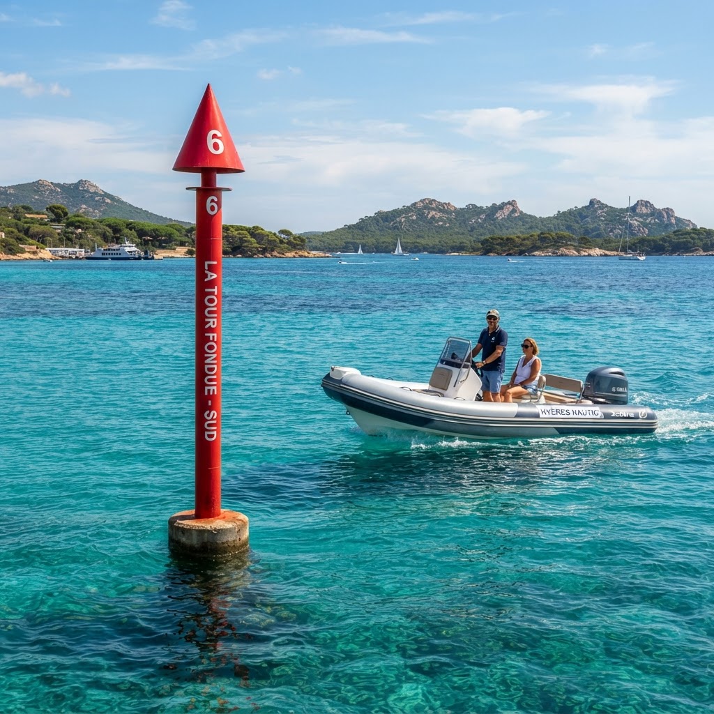Semi-rigide naviguant au large de Hyères près de bouées de balisage avec vue sur les eaux turquoise et Porquerolles