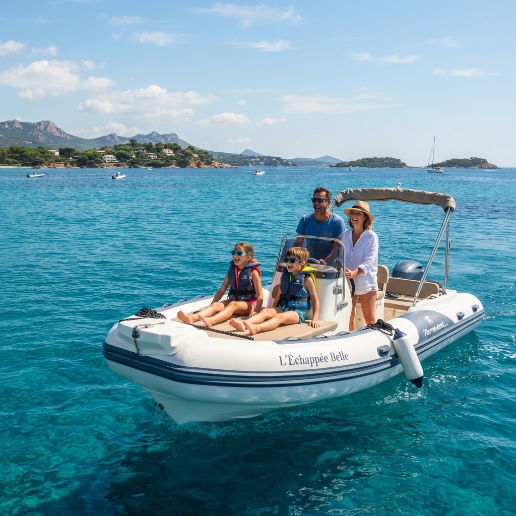 Famille à bord d’un semi-rigide au large de La Londe-les-Maures face aux eaux turquoise du cap Bénat et des plages varoises