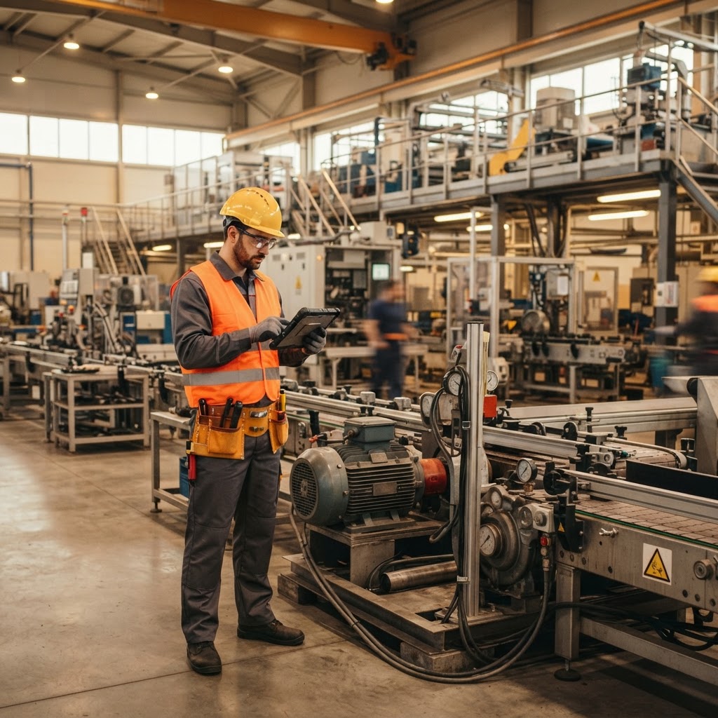 Maintenance engineer reviewing equipment health data on a rugged tablet in a modern manufacturing facility.