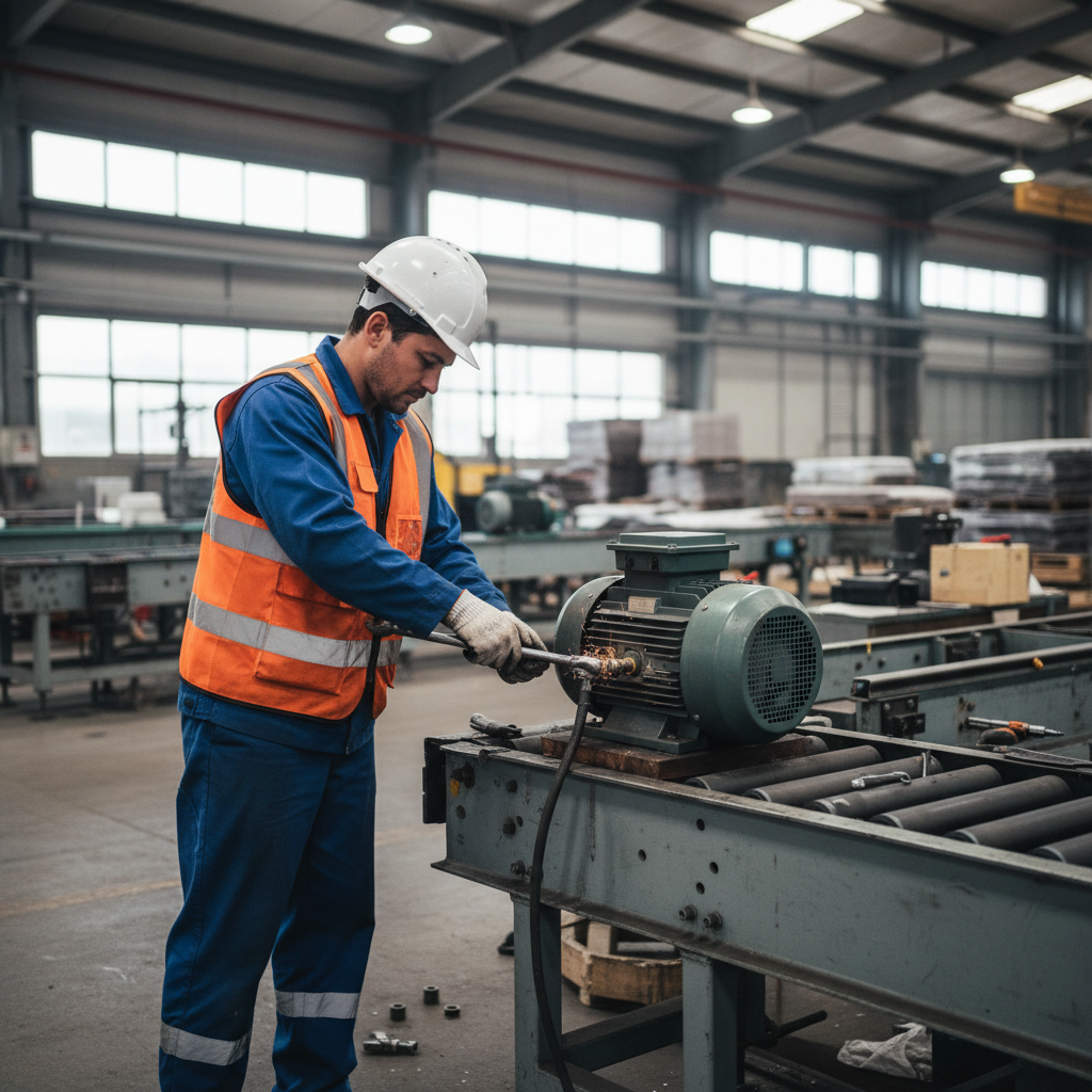 Technician repairing motor on conveyor line
