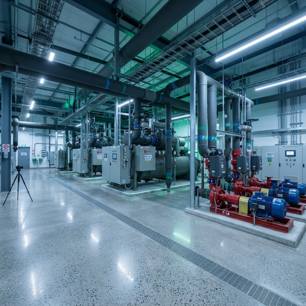 Commercial chilled-water central plant with water-cooled chillers, pumps and piping