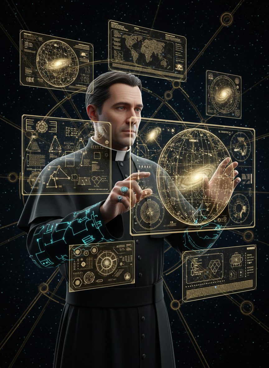 Representação artística de padre astrônomo com mapas estelares holográficos