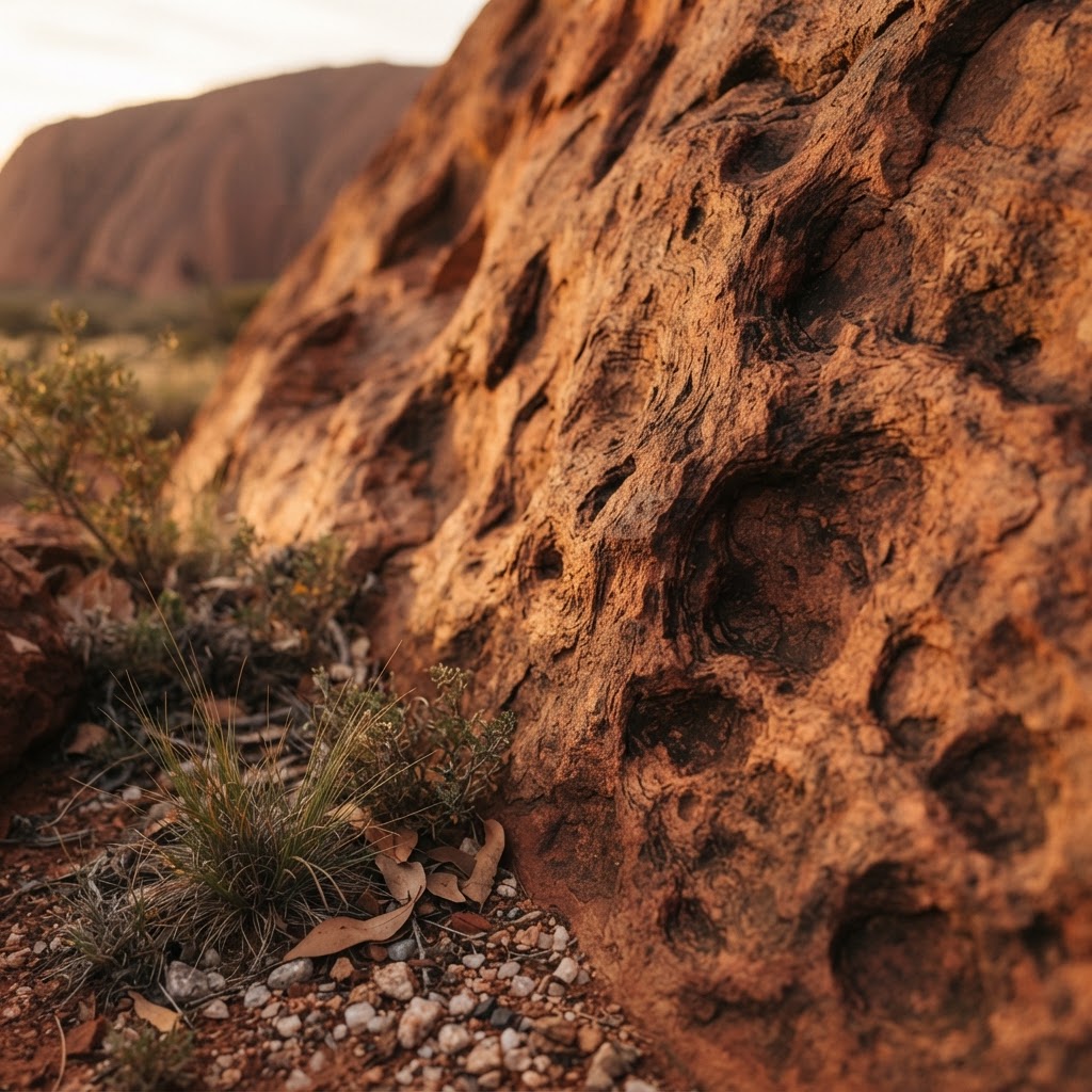 Weathered red sandstone surface of Uluru catching late afternoon light