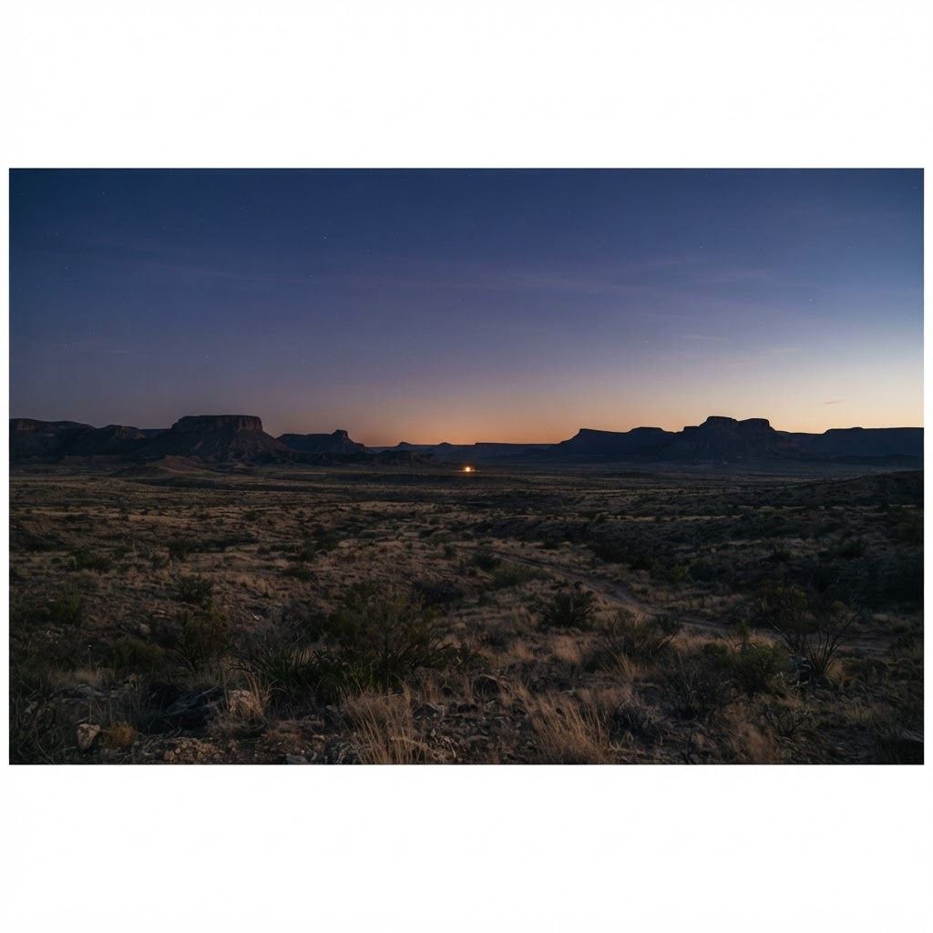 A single soft light hovering over the high desert plains of west Texas at dusk