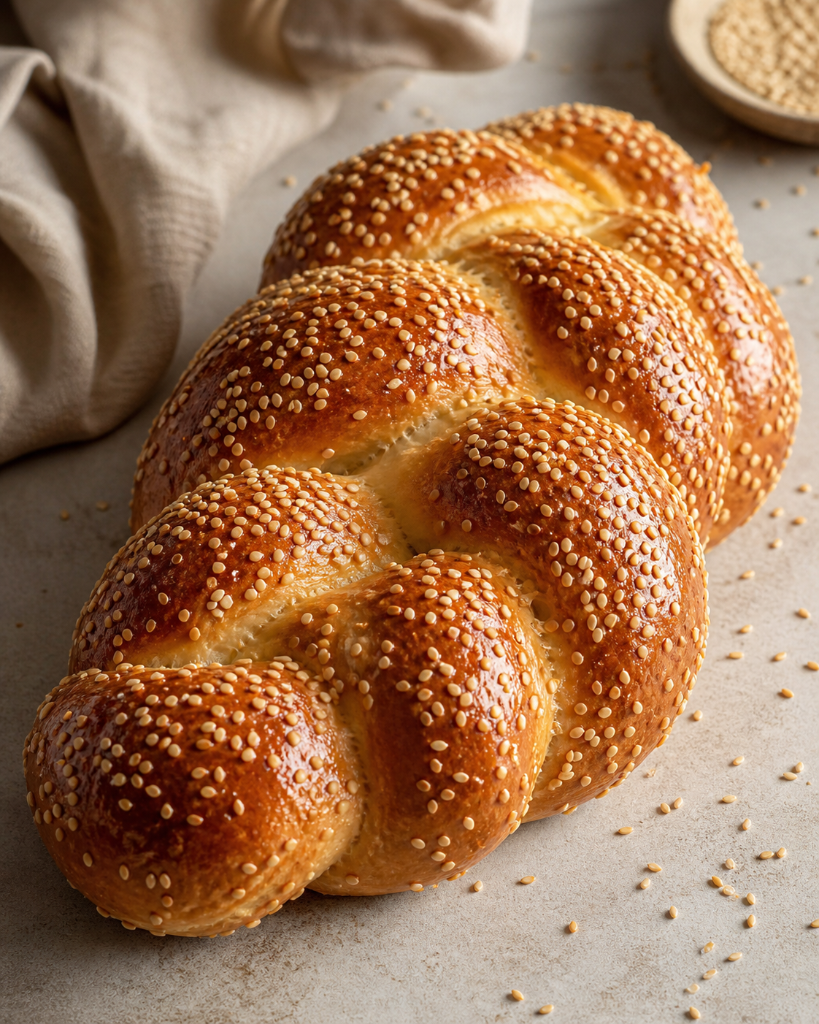 A perfectly braided sesame challah — symbol of consistency and repeatable bakes