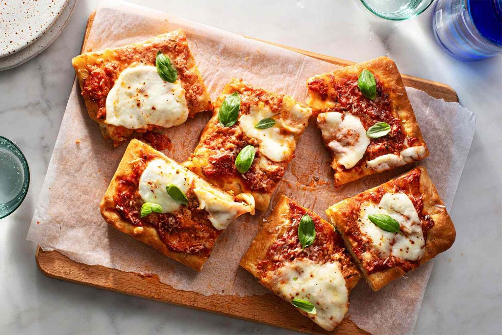 Focaccia Pizza with Mozzarella and Basil