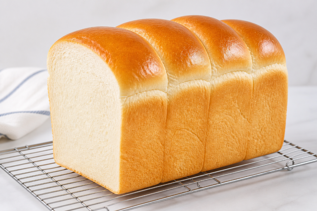 A properly risen sandwich loaf with high crown and even crumb