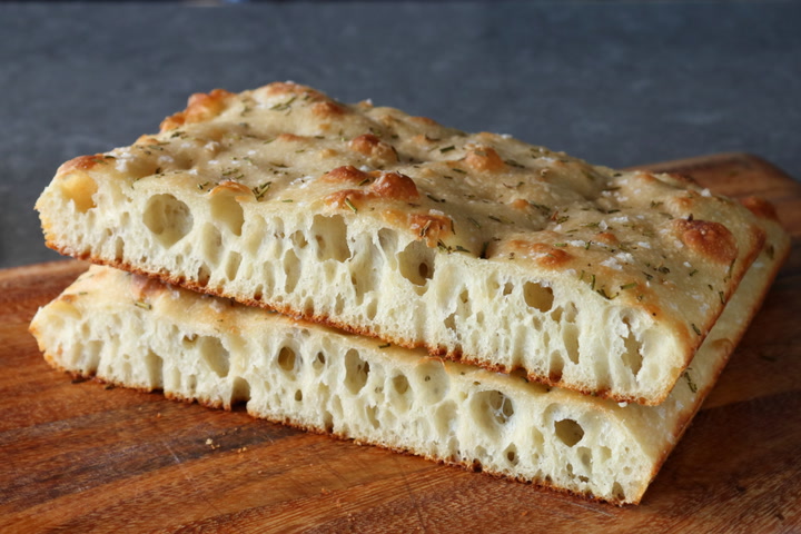 A high-hydration focaccia with airy, open bubbly crumb