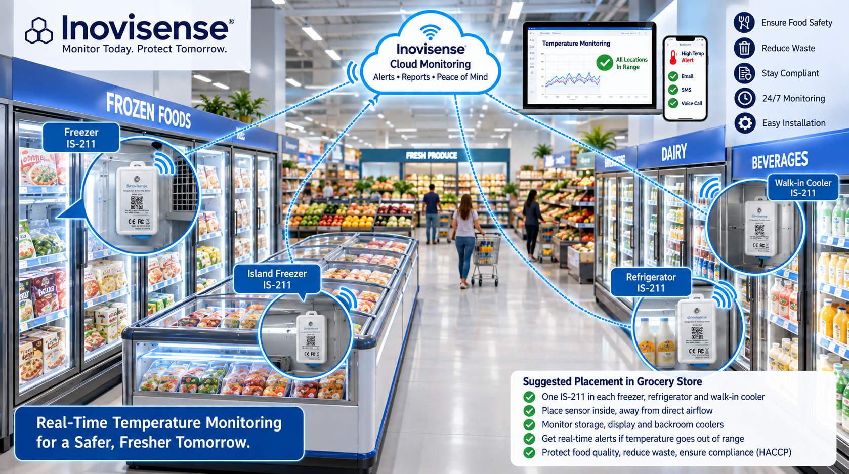 Inovisense IS-211 temperature monitoring across grocery store freezers, refrigerators, and walk-in coolers