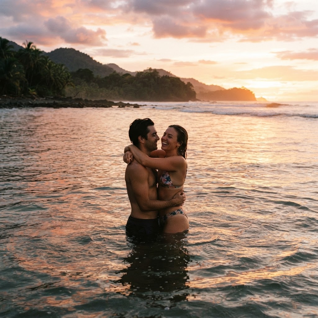 A couple swimming in the ocean at sunset in Costa Rica