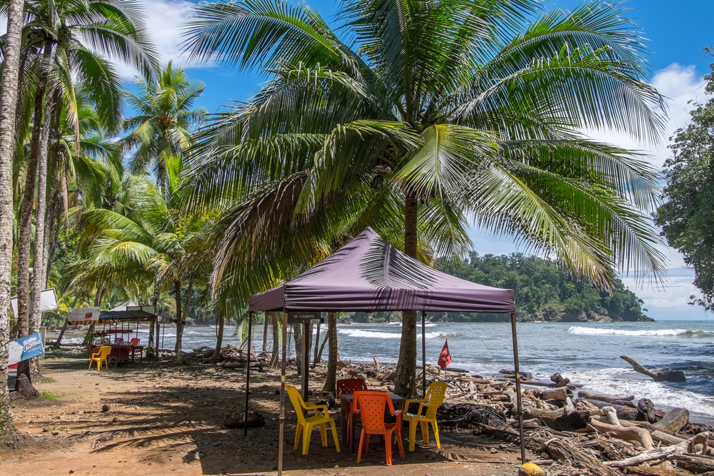 Beachside dining under palm trees in Costa Rica