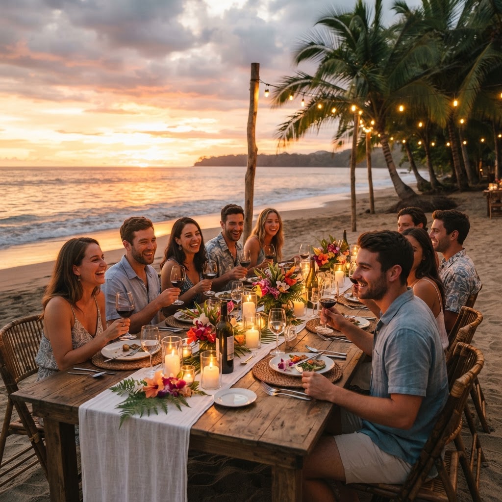 Friends enjoying a beachfront dinner at sunset in Palo Seco