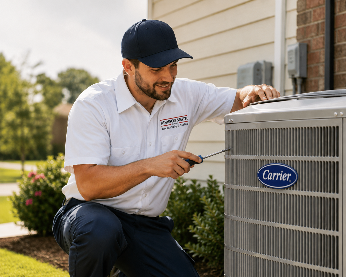 Addison Smith HVAC technician consulting with a homeowner about AC replacement