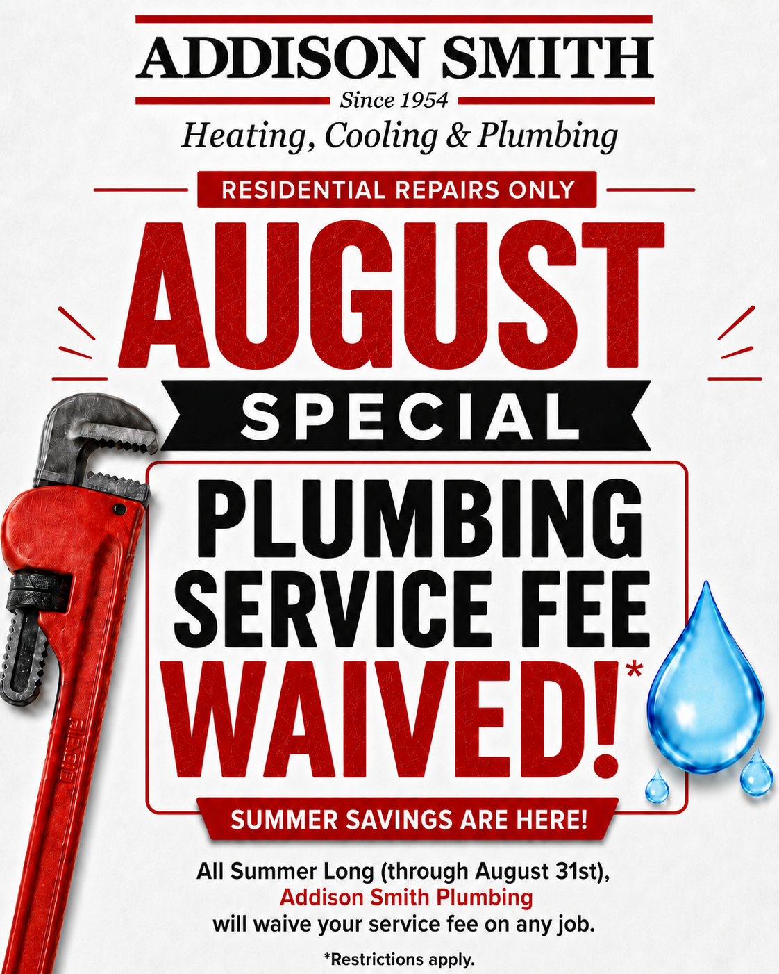 August Special – Plumbing Service Fee Waived