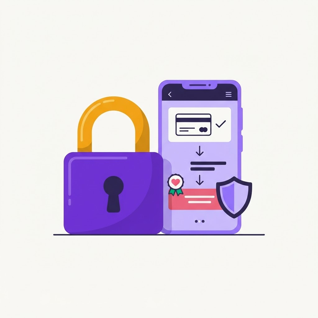 A padlock and shield beside a secure donation on a phone screen