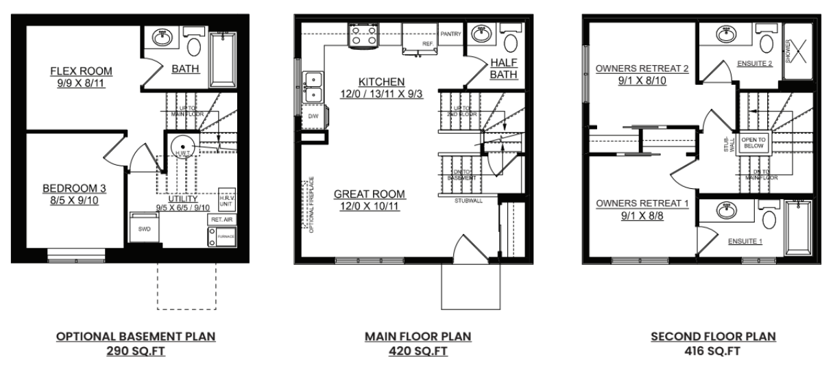 Floor Plans — Optional Basement, Main Floor and Second Floor