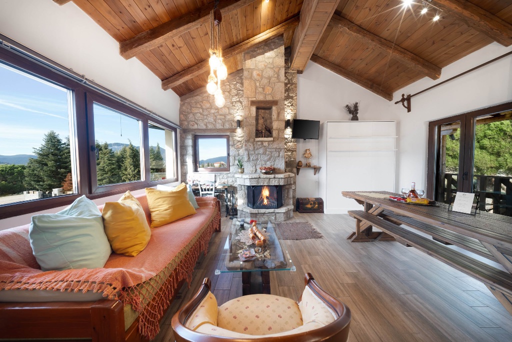 Luxury living room with fireplace and views
