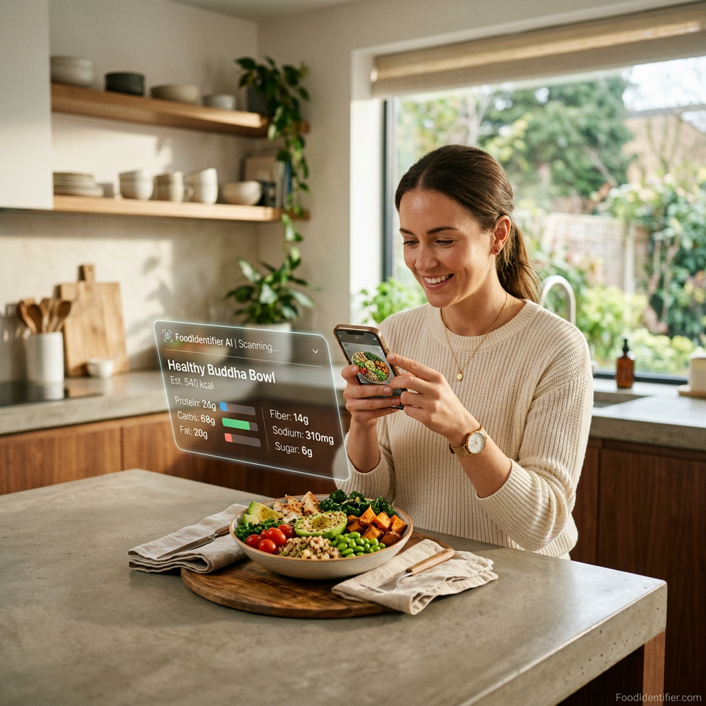 Person using food identifier by photo app at restaurant to identify meal calories FoodIdentifier.com