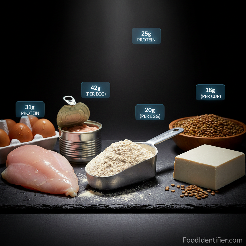 Protein sources comparison protein powder whole foods eggs chicken salmon FoodIdentifier.com