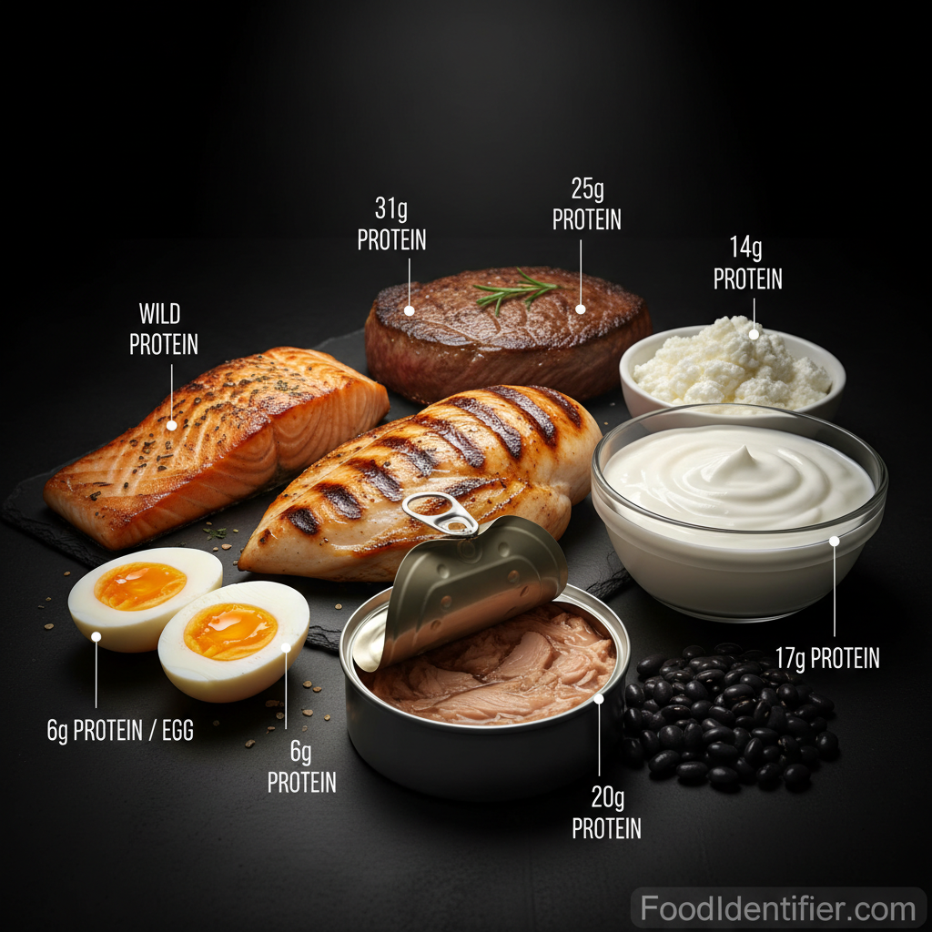 60 high protein foods complete ranked list 2026 muscle fat loss FoodIdentifier.com