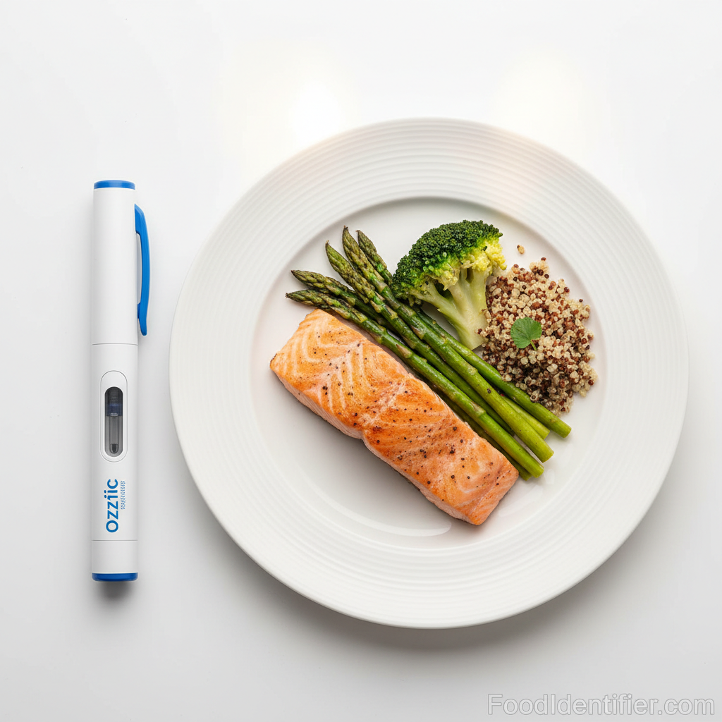 Ozempic semaglutide injection pen next to healthy approved meal plate FoodIdentifier.com