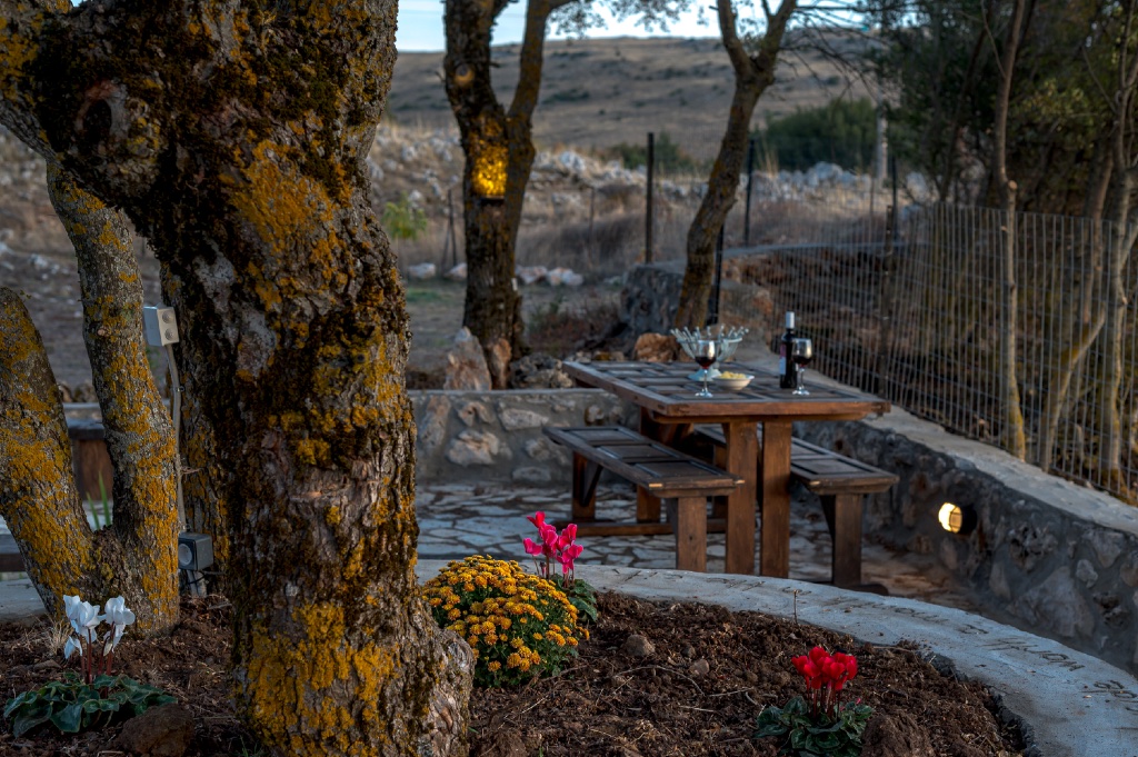 Stone seating area under lit trees at dusk, Chalets Renata