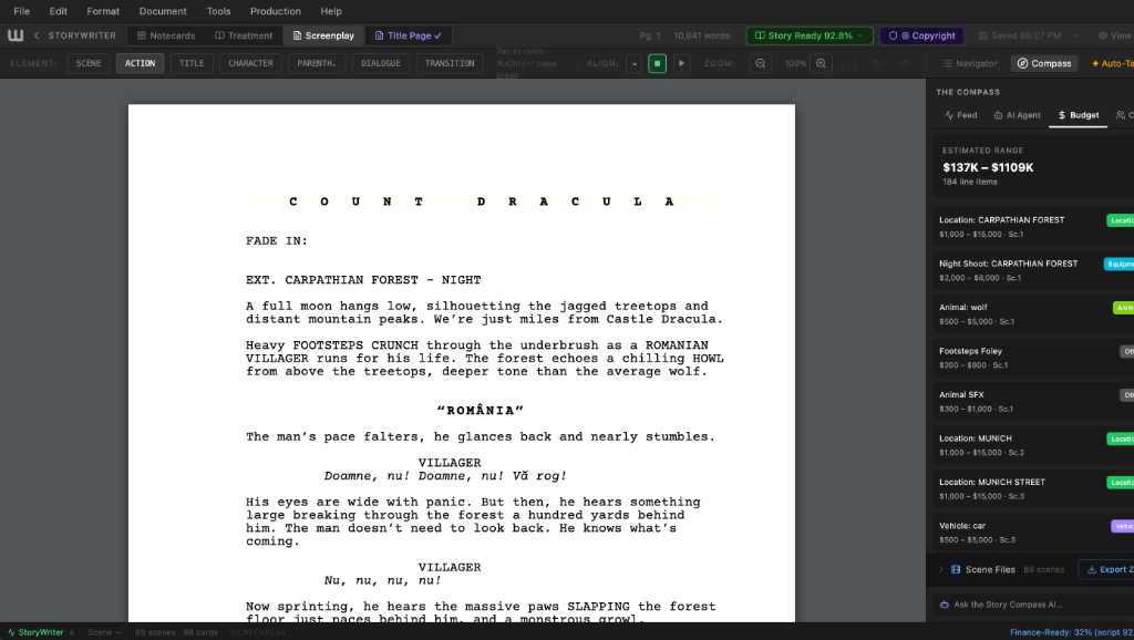 StoryWriter screenwriting software with live budget and Script Compass inside WorkstationOS