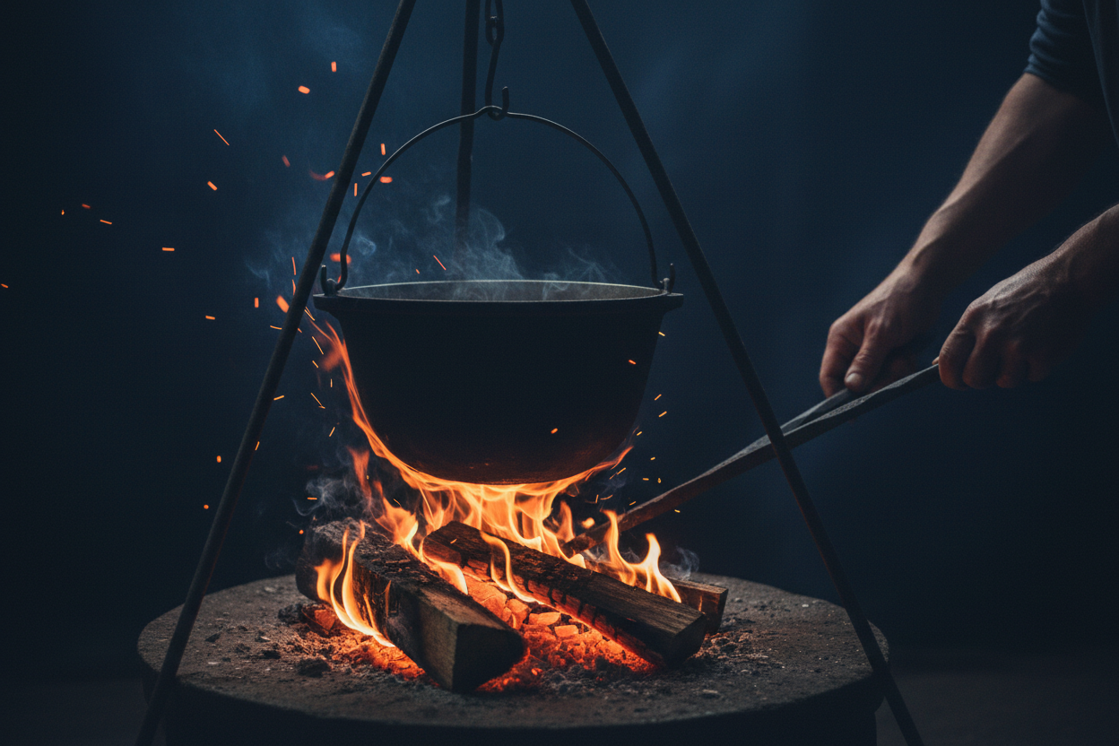 Wood fire embers glowing under a cooking pot