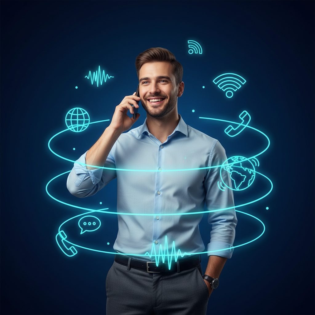 Person enjoying a call with telephony elements