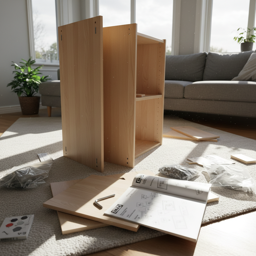 IKEA furniture partially assembled on the floor