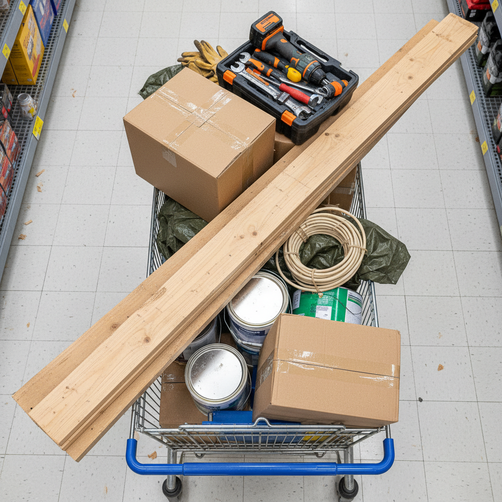 Shopping trolley full of bulky DIY supplies and building materials