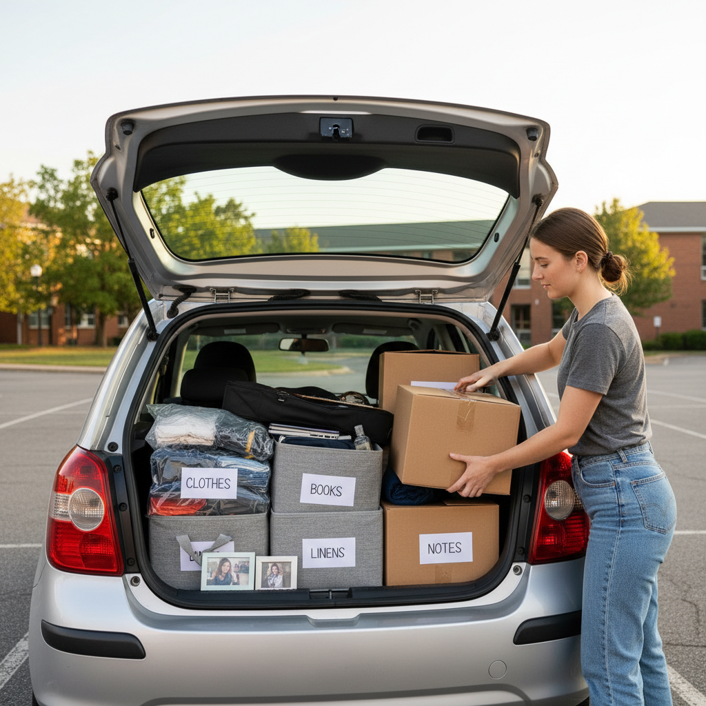 Student moving boxes and belongings packed in a hatchback car