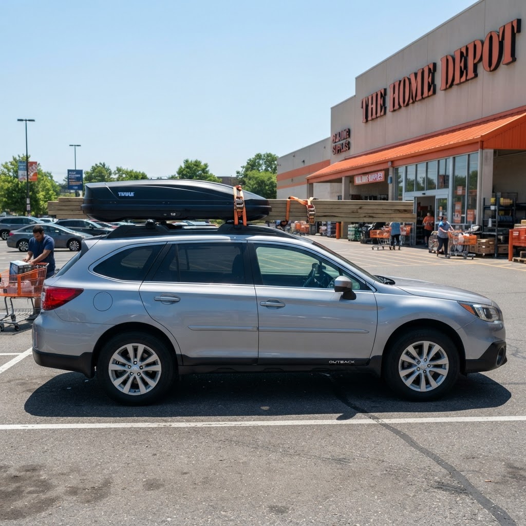 SUV with a roof rack carrying a cargo box and strapped timber